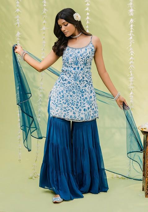 Teal Blue Floral Printed Sharara Set