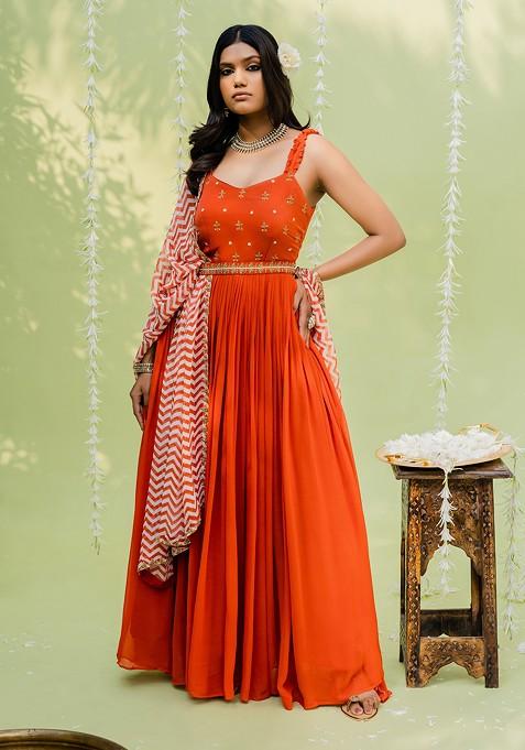 Reddish Orange Embroidered Anarkali Set