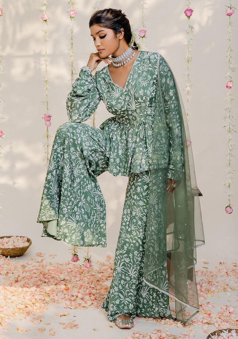 Olive Green Embroidered Sharara Set