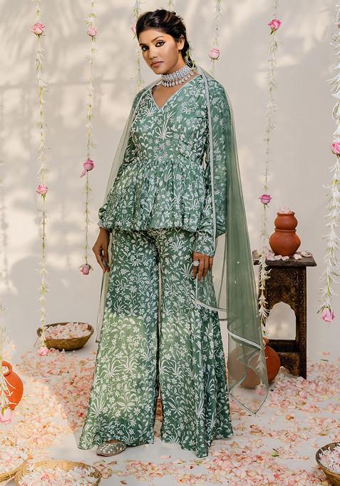 Olive Green Embroidered Sharara Set