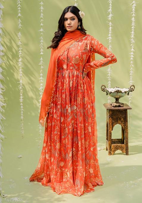 Rust Orange Embroidered Anarkali Set