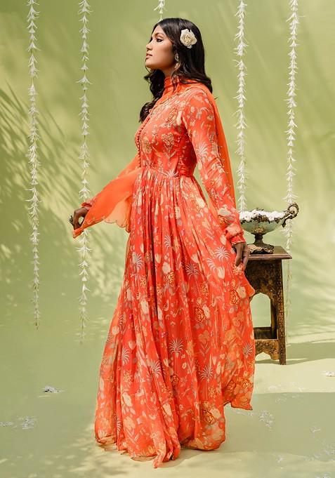 Pirainila Rust Orange Anarkali Kurta Set