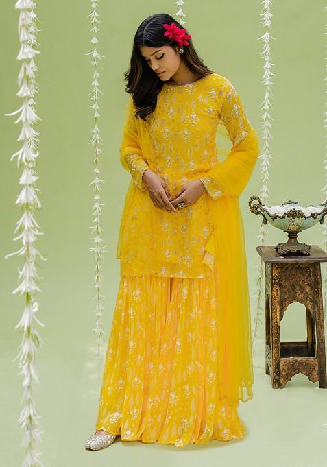 Sunny Yellow Printed Embroidered Sharara Set