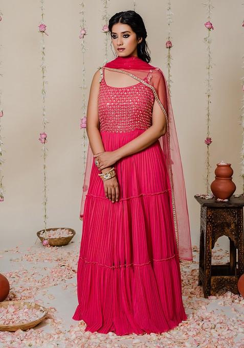 Fuchsia Pink Pleated Embroidered Anarkali Set