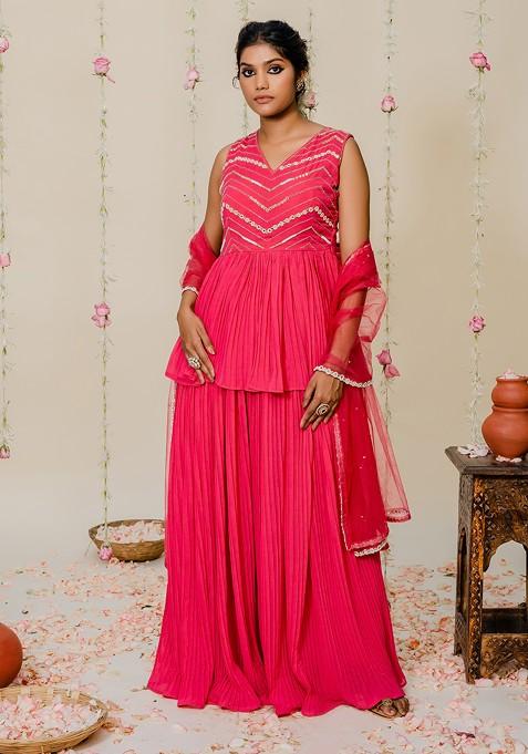 Fuchsia Pink Embroidered Sharara Set