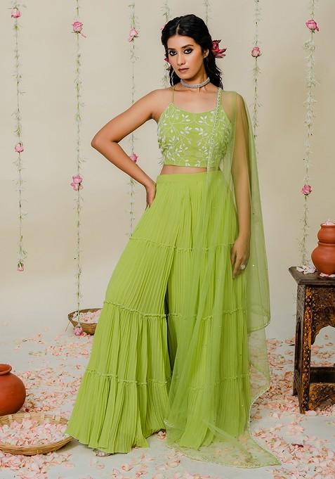 Green Pleated Embroidered Sharara Set