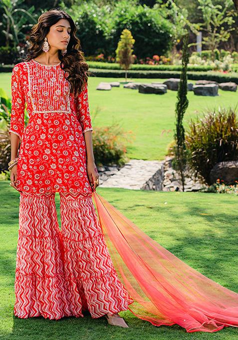 Cherry Red Floral Print Sharara Set