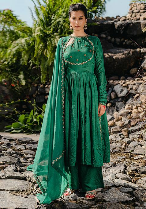 Emerald Green Embroidered Anarkali Suit Set