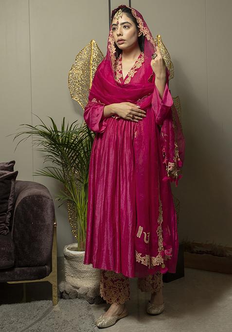 Magenta Dori Embroidered Chanderi Silk Anarkali Set