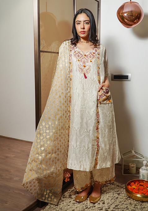 Ivory Dori Embroidered Chanderi Silk Anarkali Set