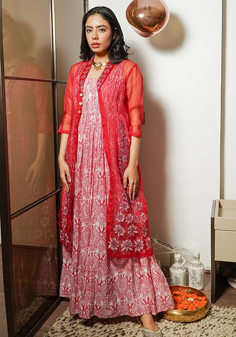 Red Dori Embroidered Silk Anarkali Set