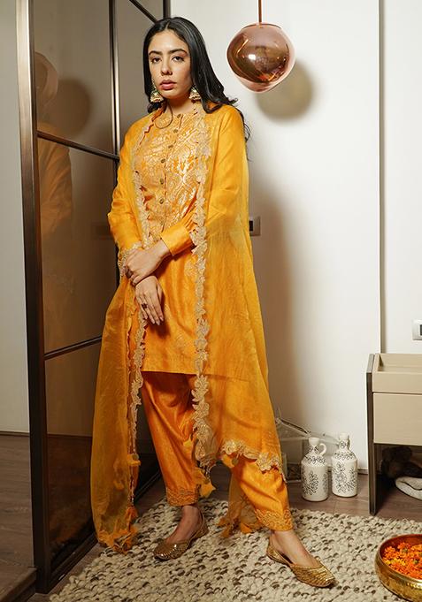 Mustard Dori Embroidered Chanderi Silk Jacket Set