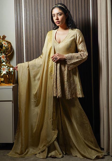 Beige Dori Embroidered Chanderi Silk Sharara Set