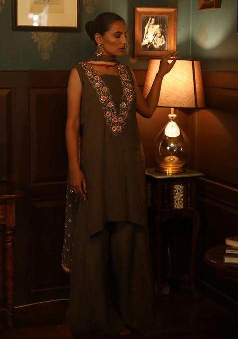 Ash Grey Hand Embroidered Kurta Set