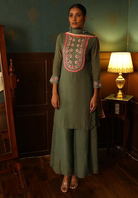 Olive Hand Embroidered Kurta Set