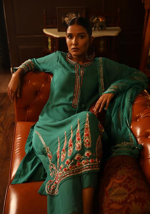 Teal Green Hand Embroidered Kurta Set