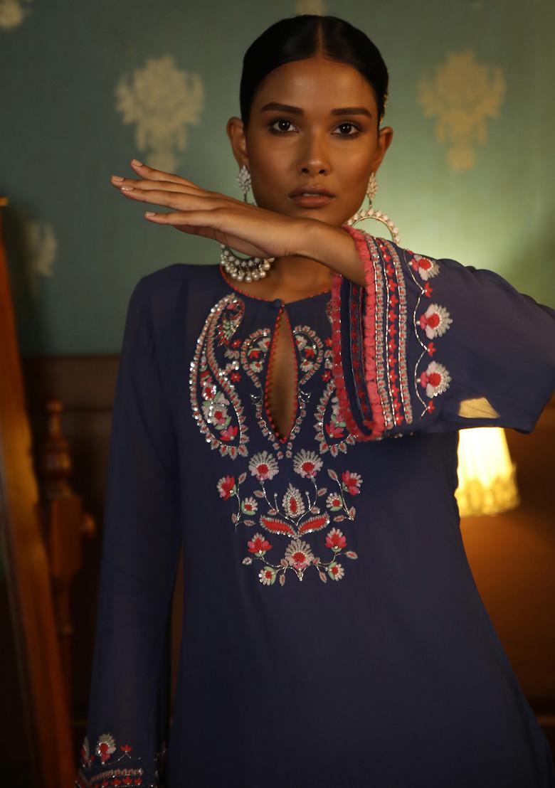 Cobalt Blue Hand Embroidered Kurta Set - Indya