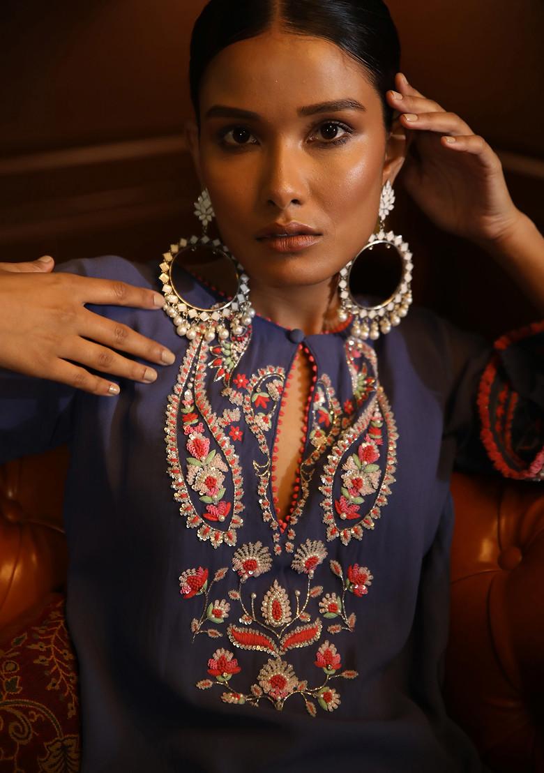 Cobalt Blue Hand Embroidered Kurta Set - Indya