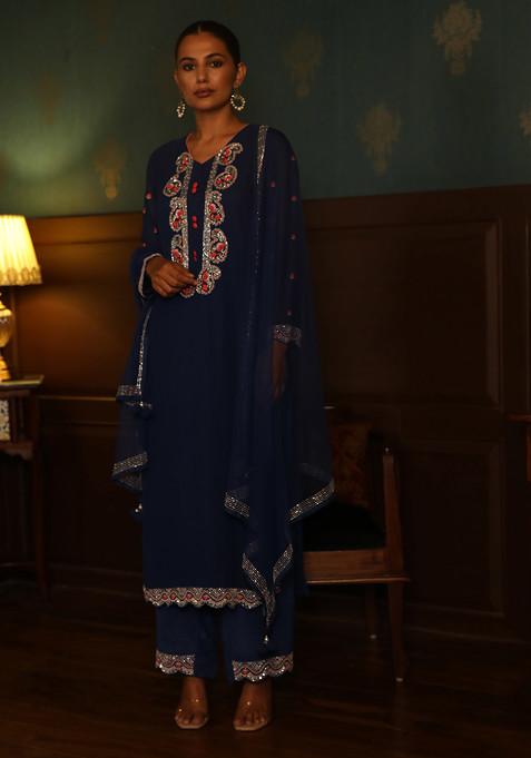 Egyptian Blue Hand Embroidered Kurta Set