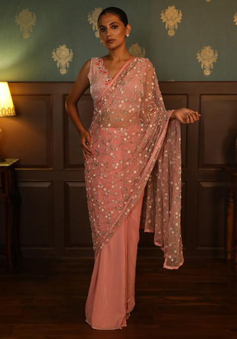 Blush Pink Hand Embroidered Saree Set