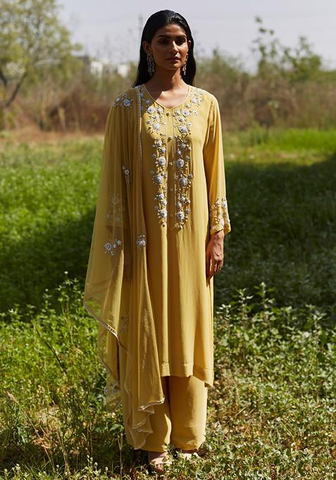 Yellow Hand Embroidered Kurta Set