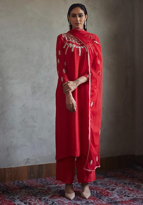 Deep Red Aari Embroidered Kurta Set