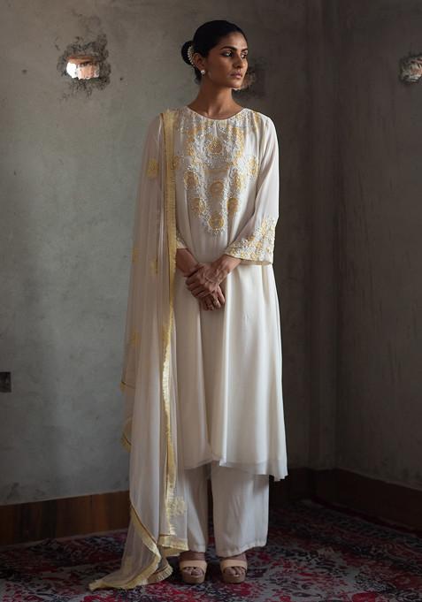 Off White Hand Embroidered Kurta Set