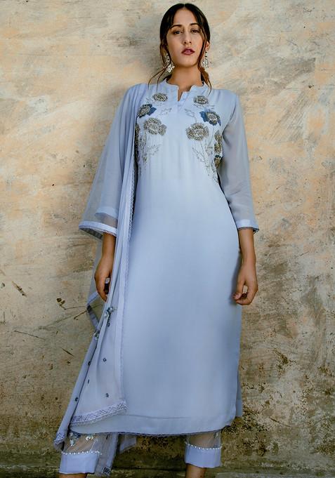 Powder Blue Tonal Sequin Embroidered Kurta Set