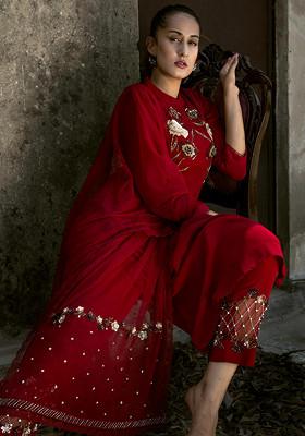 Deep Red Tonal Sequin Embroidered Kurta Set