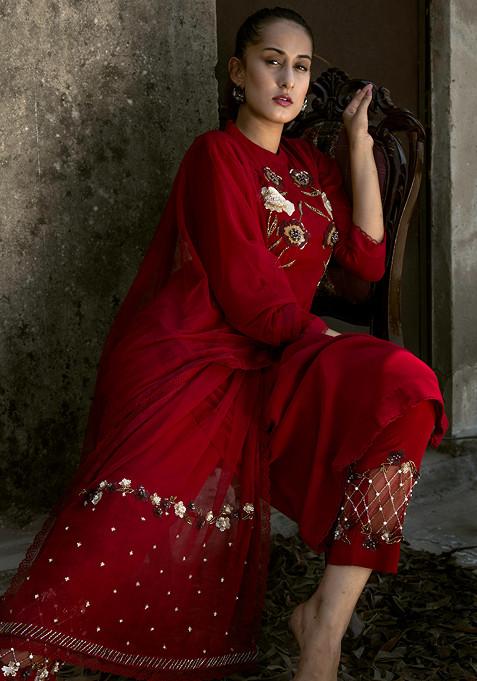 Deep Red Tonal Sequin Embroidered Kurta Set