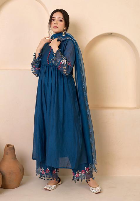 Sapphire Blue Thread Embroidered Kurta Set