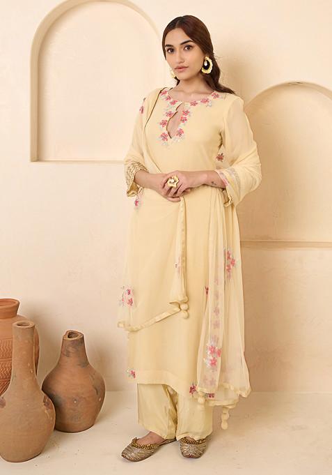 Light Yellow Thread Embroidered Kurta Set