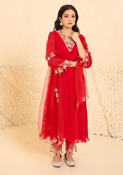 Red Bead Embroidered Kurta Set