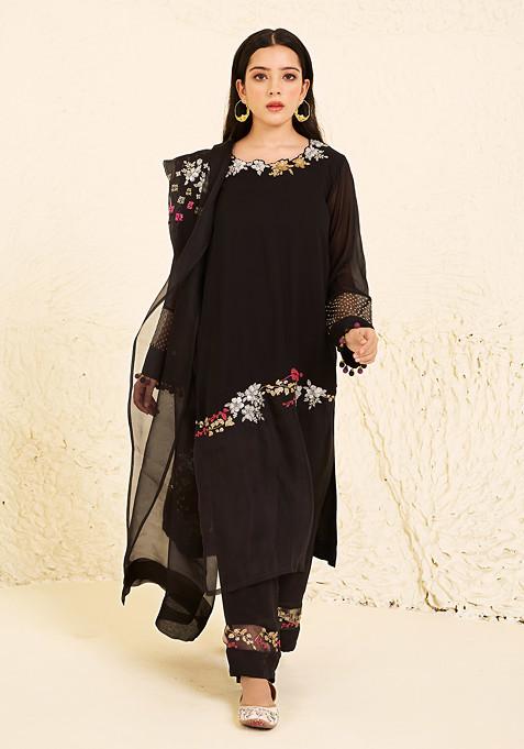 Black Bead Embroidered Kurta Set