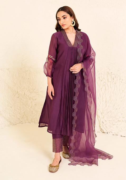 Purple Mauve Bead Embroidered Kurta Set