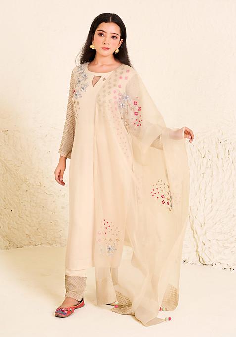 Beige Sequin Embroidered Kurta Set