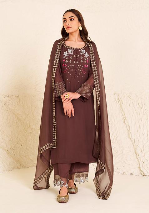 Brown Sequin Embroidered Kurta Set