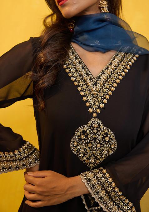 Neer Sky Blue  Pearl-Embroidered Kurta Set (RTS) main image 1
