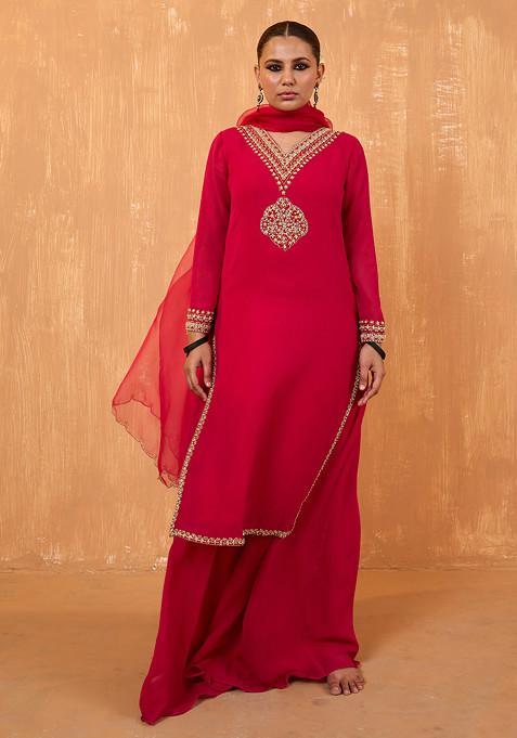 Fuchsia Pink Pearl Embroidered Kurta Set