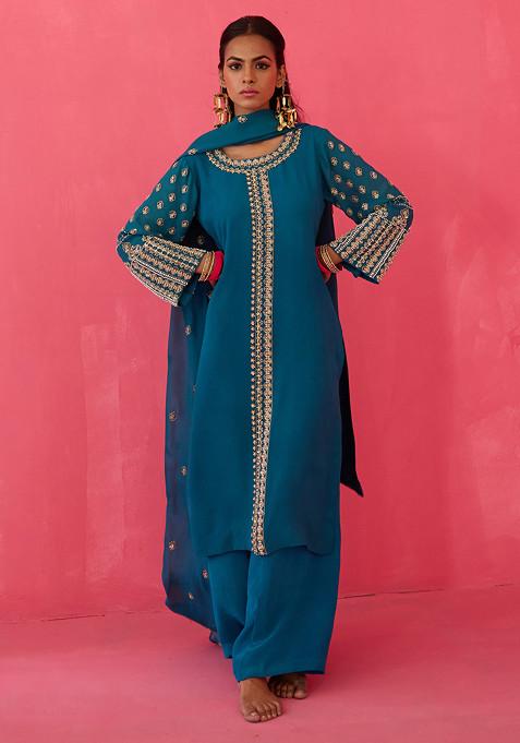 Persian Teal Green Pearl Embroidered Kurta Set