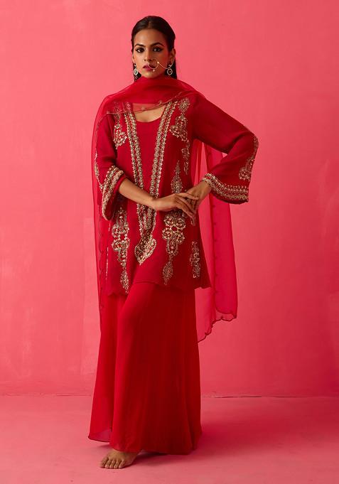 Crimson Red Pearl Embroidered Kurta Set