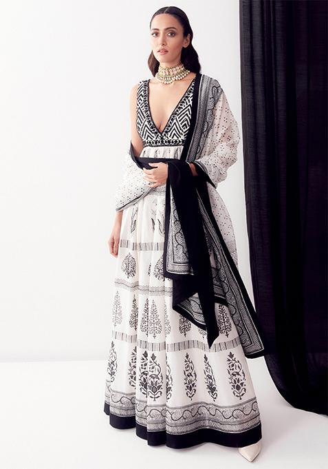 Black And White Hand Block Print Anarkali Set