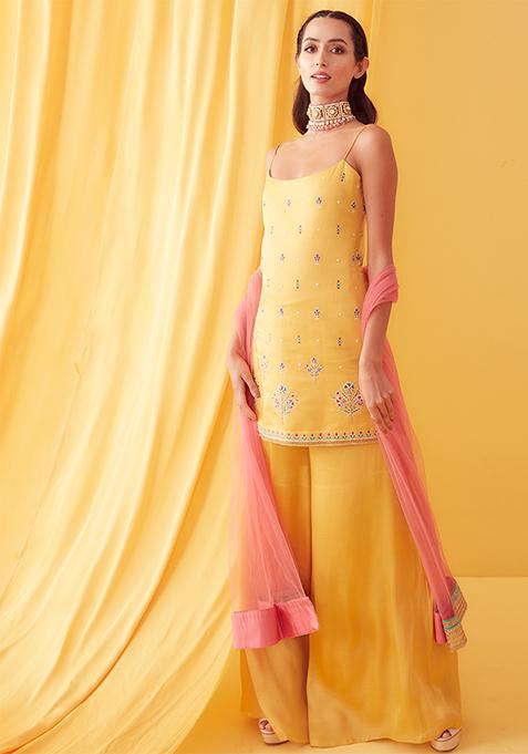 Canary Yellow Thread Embroidered Sharara Set