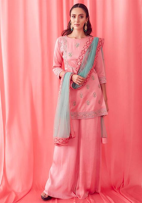 Pink Thread Embroidered Sharara Set