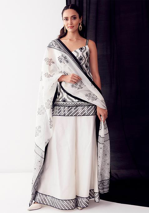 Black And White 3D Embroidered Sharara Set