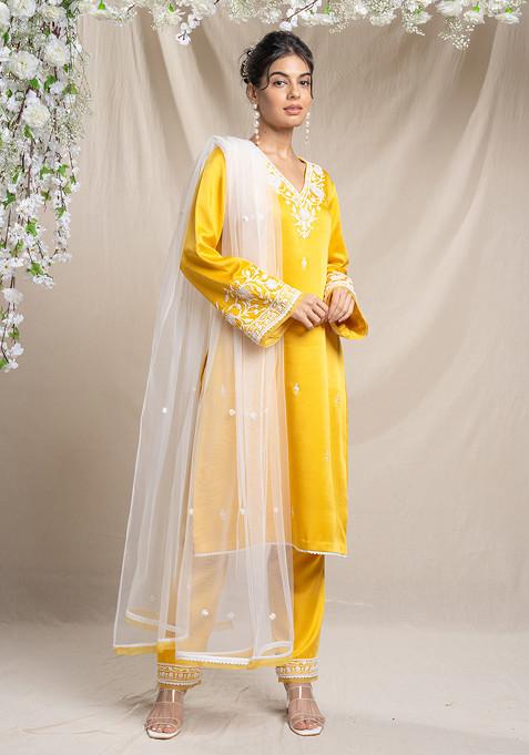 Yellow Applique Work Kurta Set