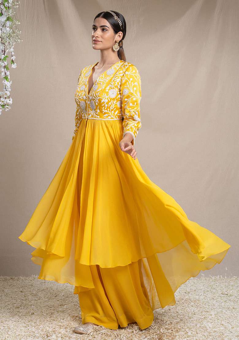 Yellow Applique Work Jacket Set - Indya
