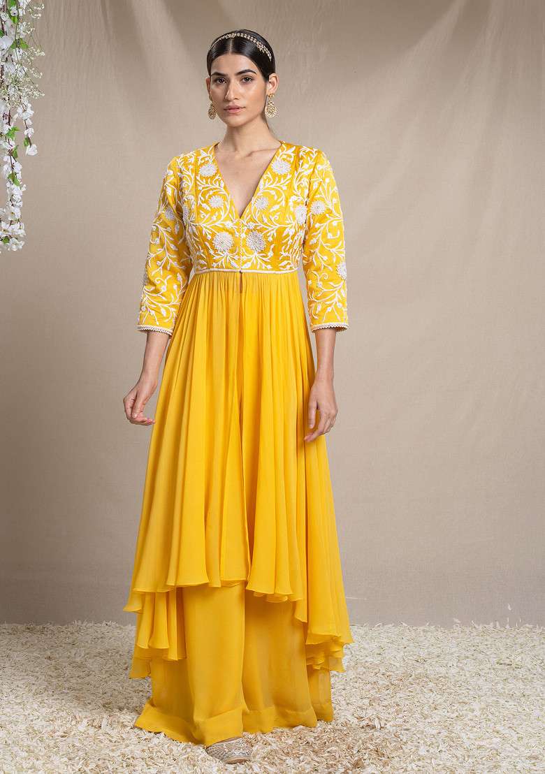 Yellow Applique Work Jacket Set - Indya