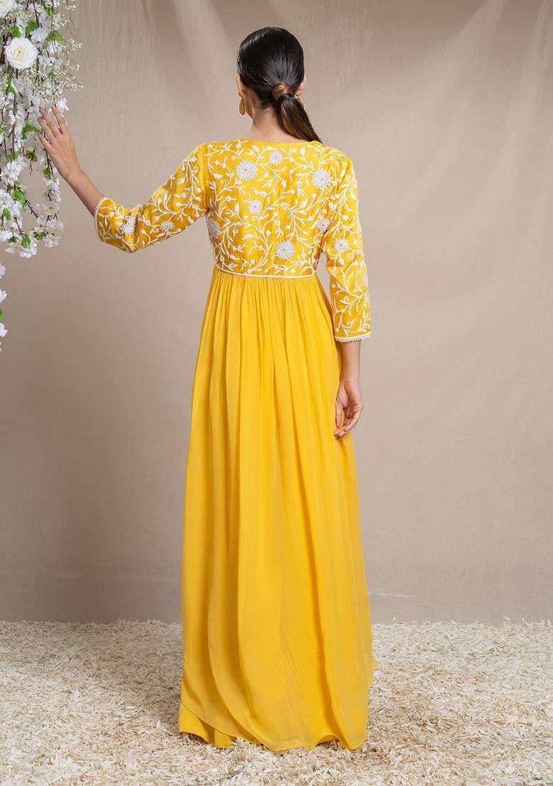 Yellow Applique Work Jacket Set - Indya