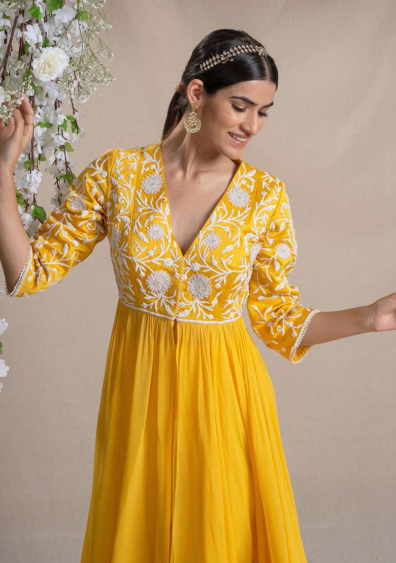 Yellow Applique Work Jacket Set - Indya